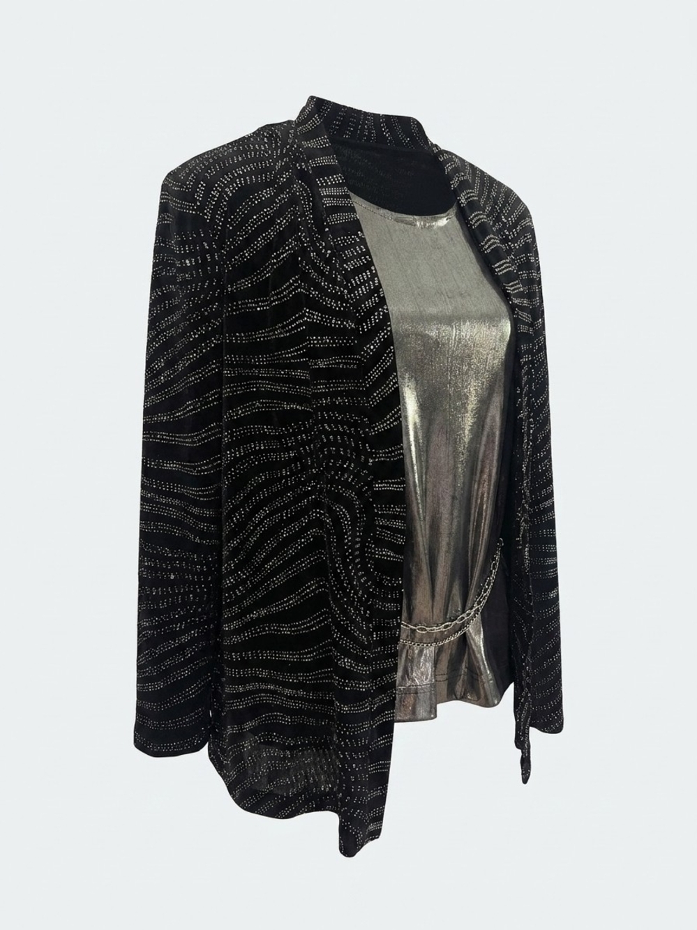 R&M Richards Black Open-Front Jacket with Silver Stud Pattern